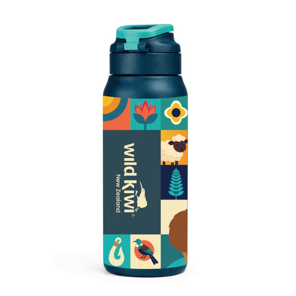 NZ Insulated Drink Bottle | Blue with Colourful NZ Icons