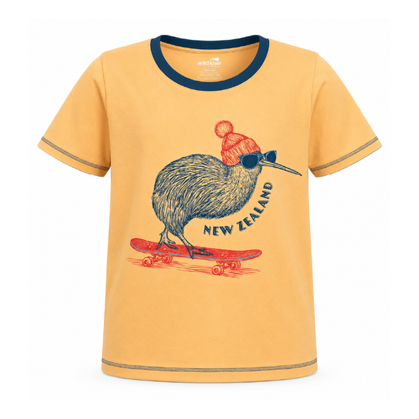 Sunshine Yellow Children's NZ T-Shirt | NZ Kiwi with Sunglasses on a Skateboard