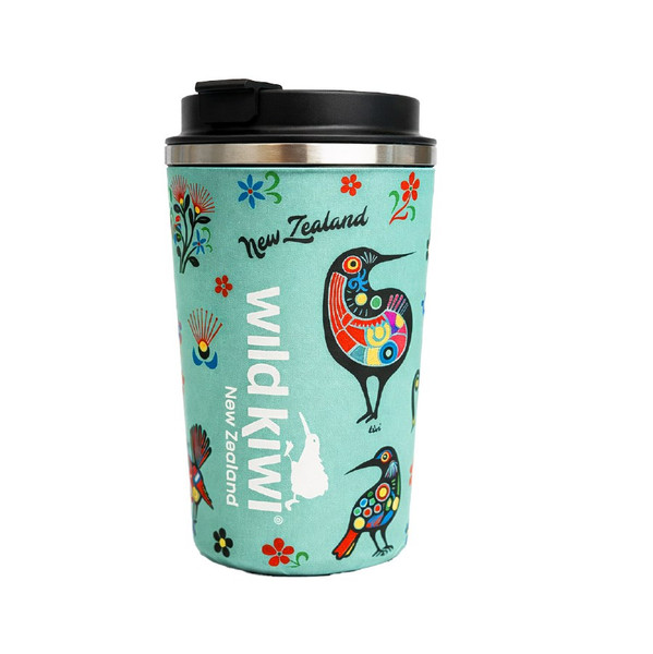 Teal NZ Insulated Coffee Cup | Colourful NZ Native Birds & Flowers Design