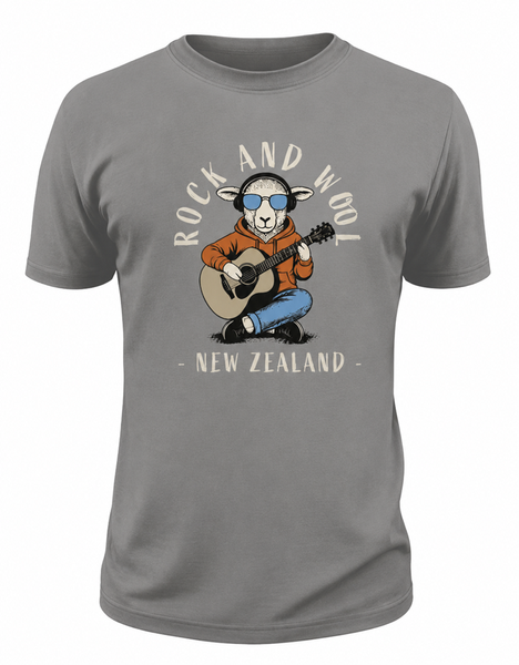 Grey adult Rock and Wool T-shirt with a sheep playing guitar in headphones and sunglasses