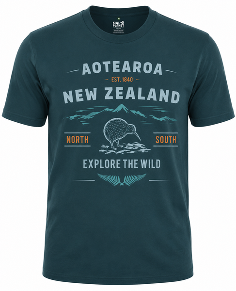 Teal Adult's NZ T-Shirt | Explore the Wild with Kiwi and Mountain Scene