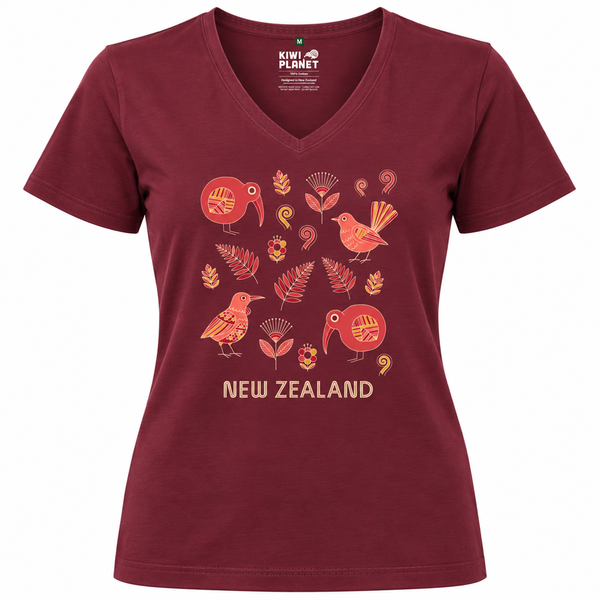 Burgundy Women's NZ T-Shirt | Cartoon NZ Native Birds Design
