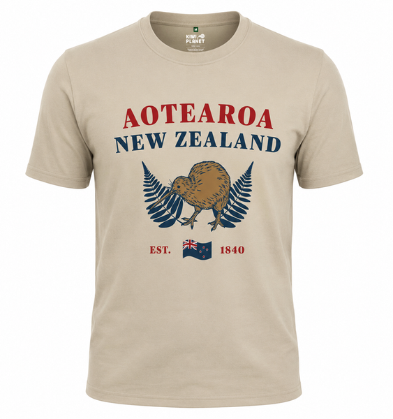 Beige Adult's NZ T-Shirt | Embroidered Kiwi, Fern and NZ Flag