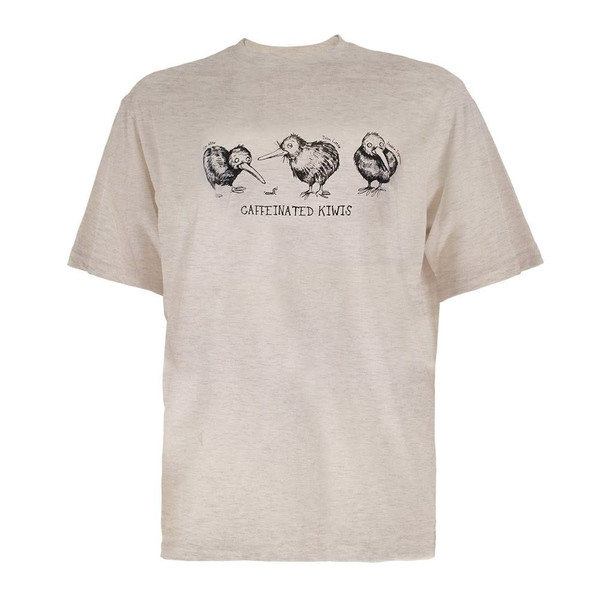 Cream unisex New Zealand T-shirt with three cartoon kiwi birds and Caffeinated Kiwis chest design
