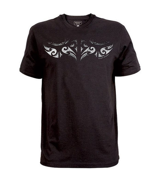 Black unisex New Zealand T-shirt with a contrasting grey tattoo-style pattern across the chest