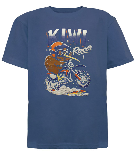Blue children's New Zealand T-shirt with a racing kiwi riding a motorbike