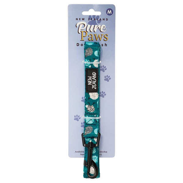 Teal New Zealand dog leash with colourful kiwi bird pattern, shown on its retail packaging