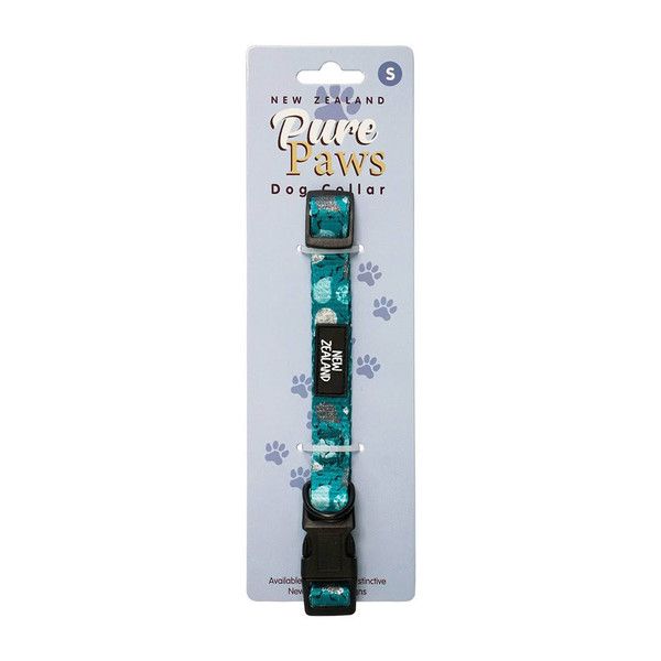 Small teal kiwi print Pure Paws dog collar with black buckle on packaging