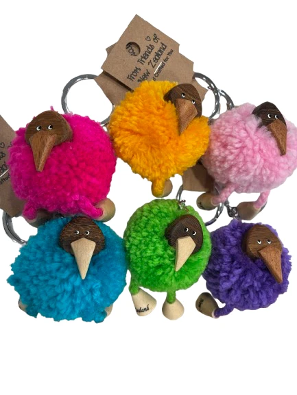Bright Coloured Pom Pom NZ Kiwi Keyring