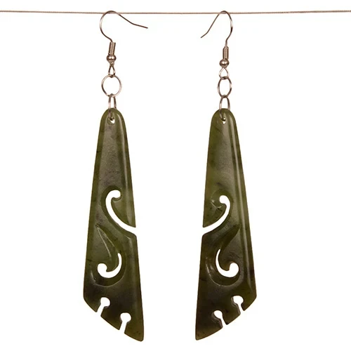 NZ greenstone pounamu angled teardrop earrings with cut-out koru carving on hooks