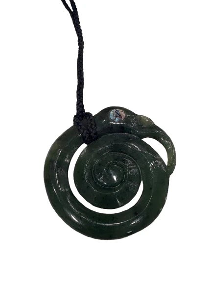 NZ Greenstone (Pounamu) Necklace | Koru Manaia with Paua Shell Eye