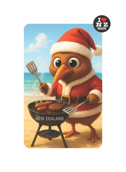 Doug Healey Santa Kiwi at the barbecue acrylic fridge magnet, made in New Zealand