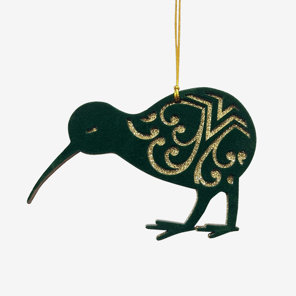 New Zealand kiwi Christmas decoration with dark green flocking and gold glitter cut-out detail