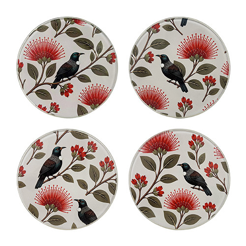 Glass coaster Set - NZ Pohutukawa Flowers and Tui