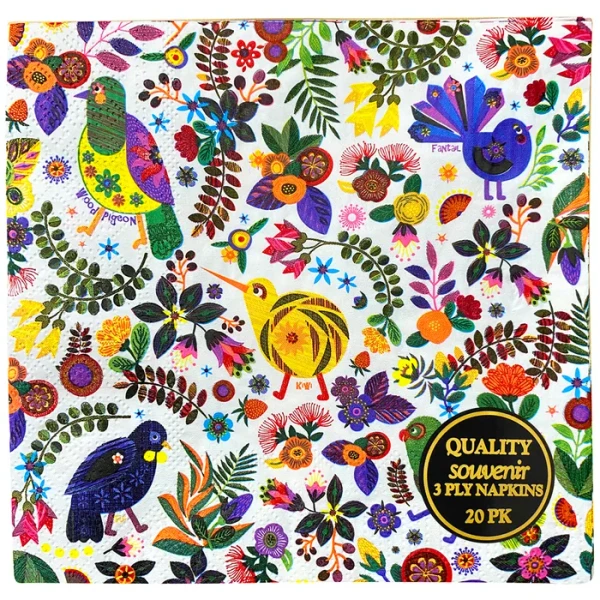 retro style colourful print of NZ Native birds on paper napkins serviettes in a pack of 20