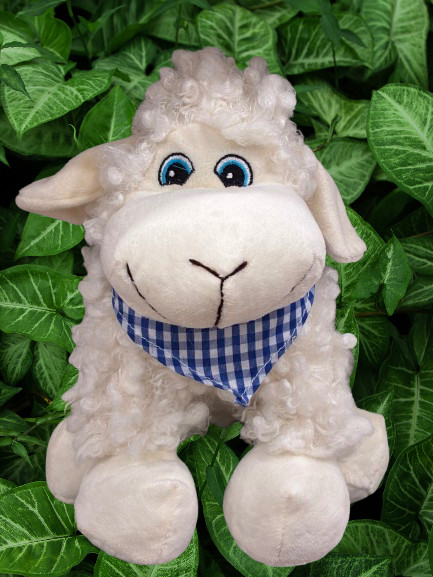 NZ Sheep Soft Toy | Wearing Blue & White Scarf