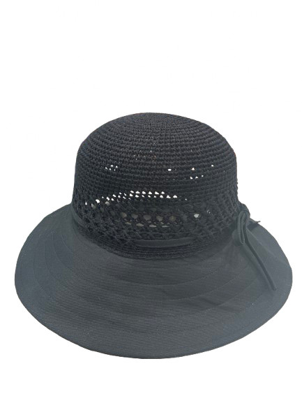 Black Cotton Mix Summer Hat with Crocheted Crown
