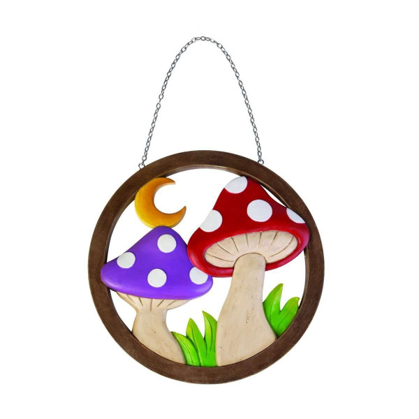 Hand-painted resin wall hanging with red and purple mushrooms and a crescent moon