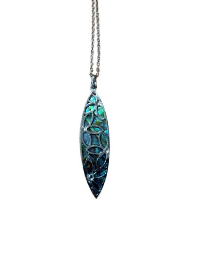 NZ Paua Leaf with Filigree & Crystal Pendant