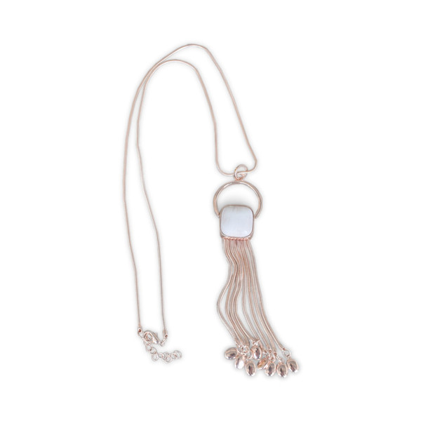 Long Rose Gold Necklace with stone and hoop drop pendant with tassels