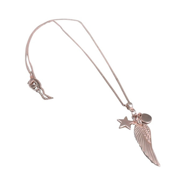 Pink Rose Gold Long pendant  Necklace with angel wing and stars