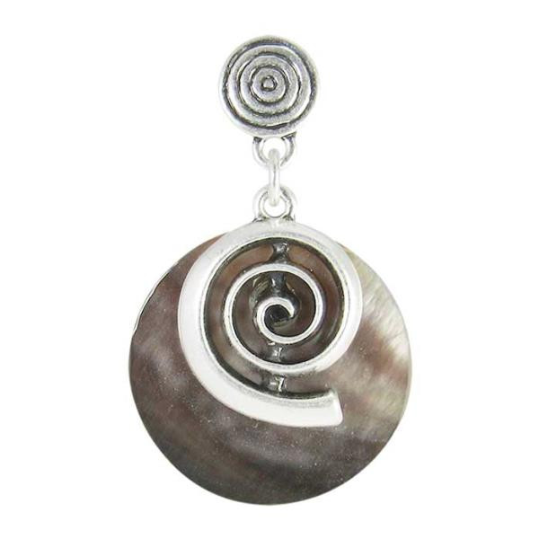 Art Deco style shell disc earrings with koru spiral