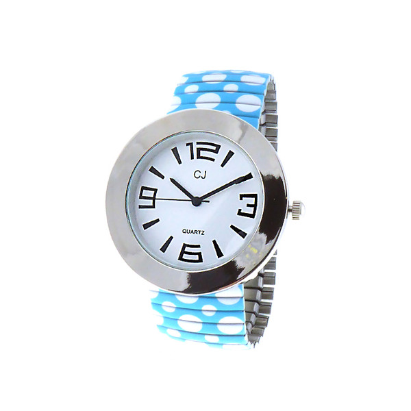 Round face watch with white dots on turquoise blue strap