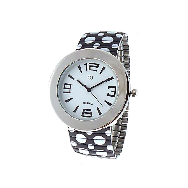 Round face watch with white dots on black expandable strap
