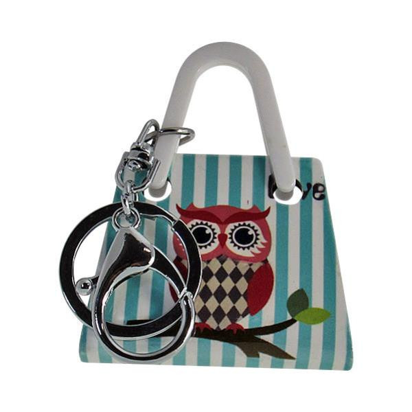 Key ring - striped handbag with red owl