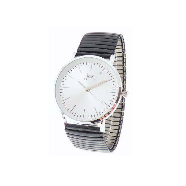 Black watch with white face and stretch strap