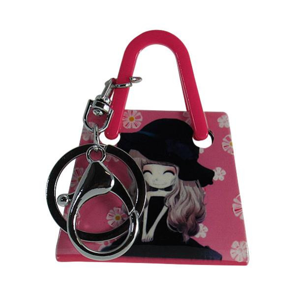 Key ring - Girl with hat on pink handbag