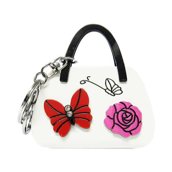 Key ring - Butterfly and rose on white handbag