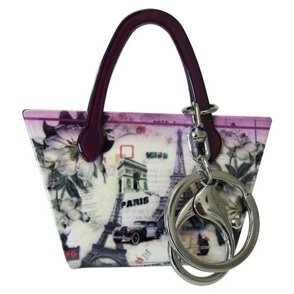 Key ring - purple handbag with Paris monuments and floral design