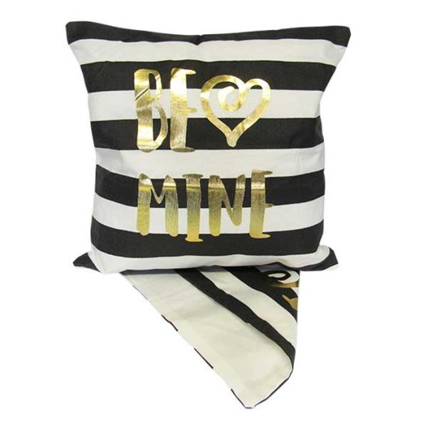 Cushion Cover - be mine gold writing on black and white stripe