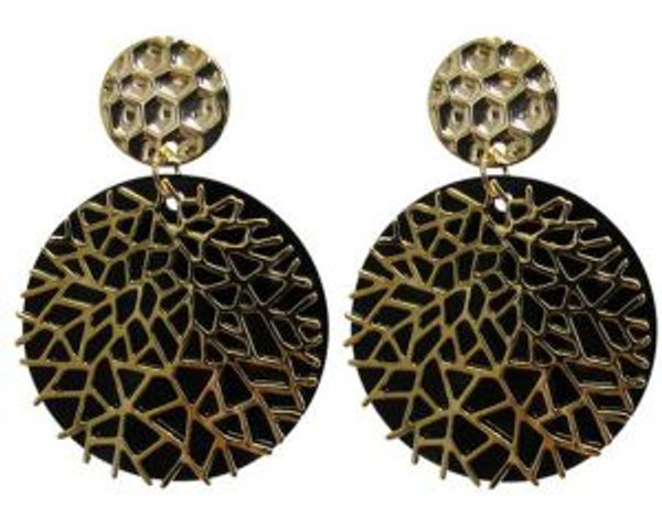Gold Coral design on black disc earrings