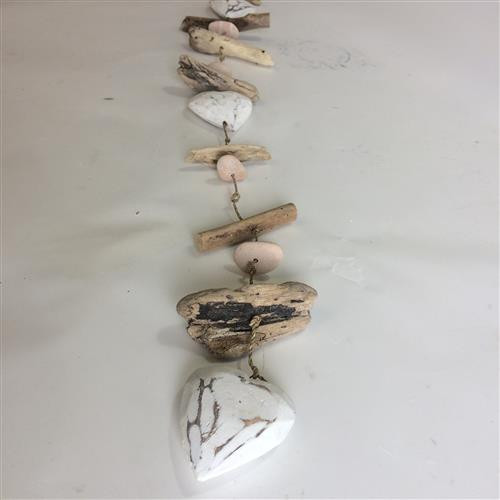 Driftwood, stone and whitewashed solid heart garland (approx 80cm long)