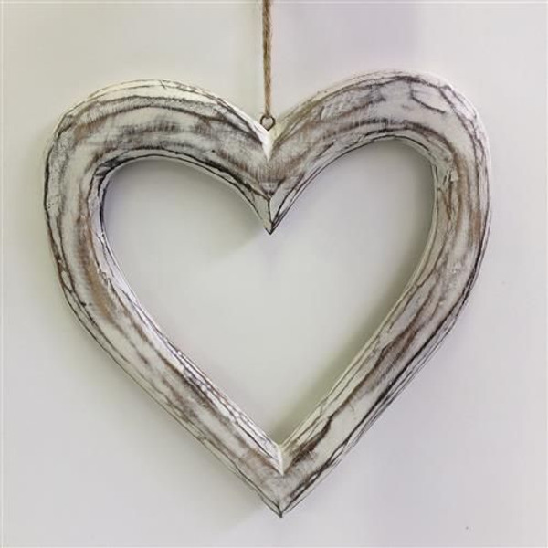 Hanging white washed hollow wooden heart shape - comes in large or small