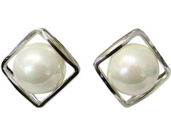 enclosed pearl in silver square stud earrings