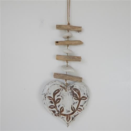 single decorative whitewashed large heart on short driftwood garland