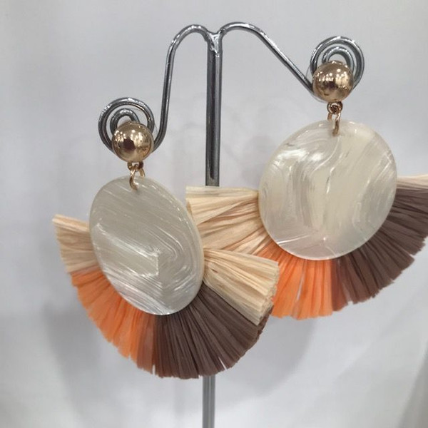 Raffia semi circle tassel earrings on resin circle