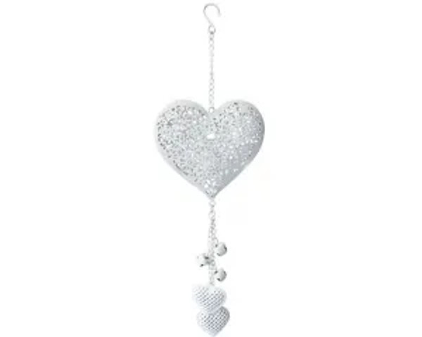 Country Chic dangling hearts white tin hanger