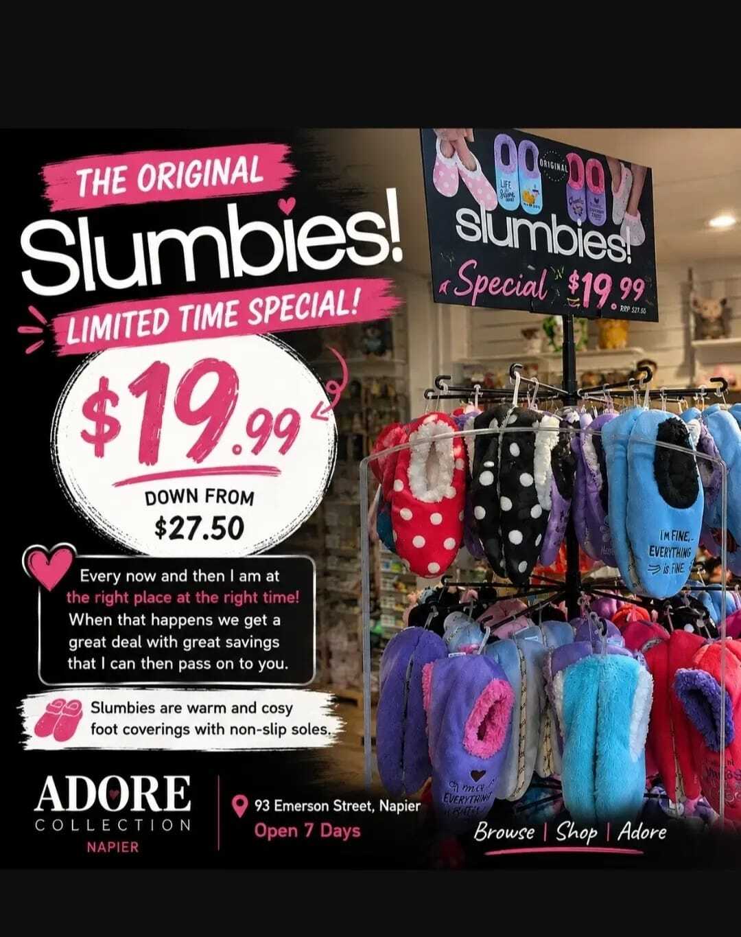 Original Slumbies slippers limited-time special – now $19.99 at Adore Collection Napier