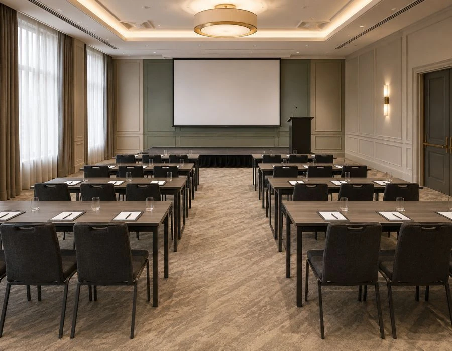 Classroom-style conference tables and chairs
