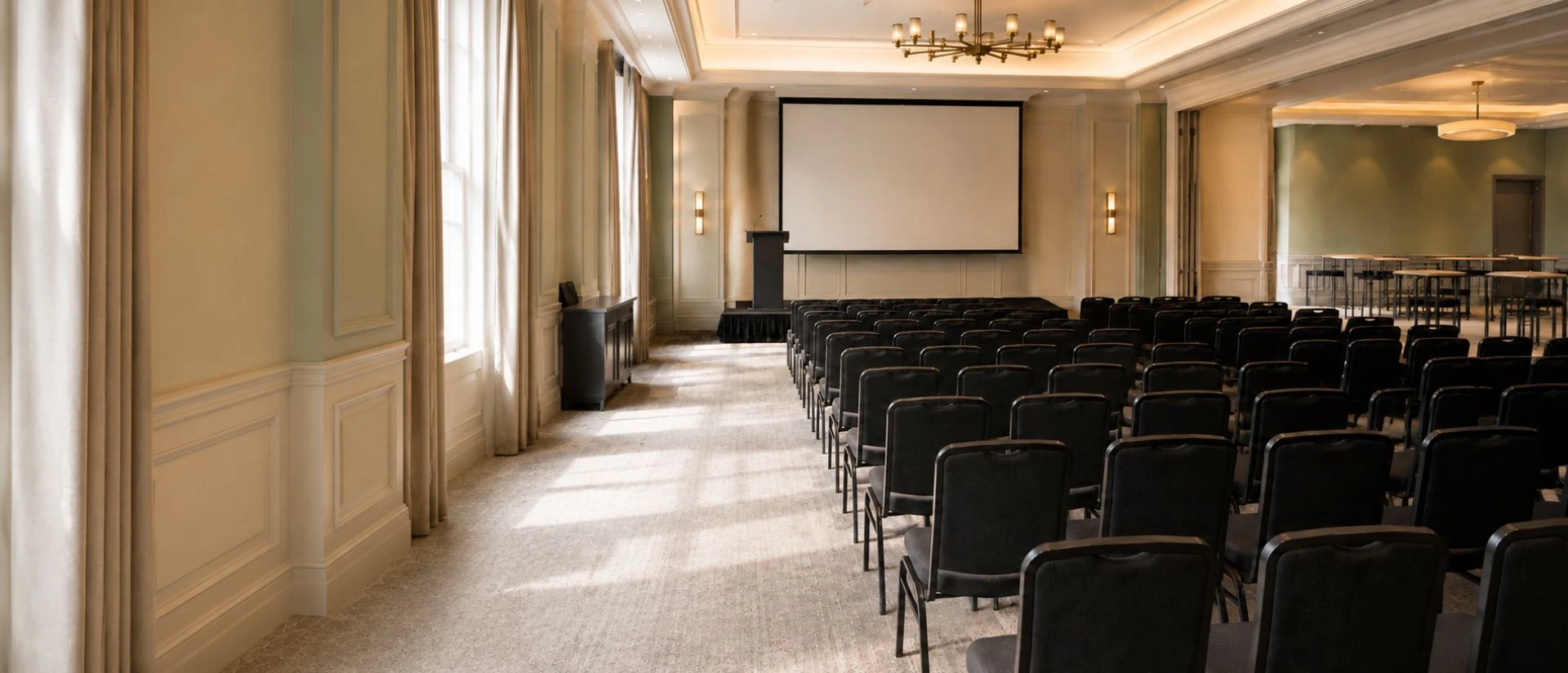 Professional conference venue furnished for a corporate event