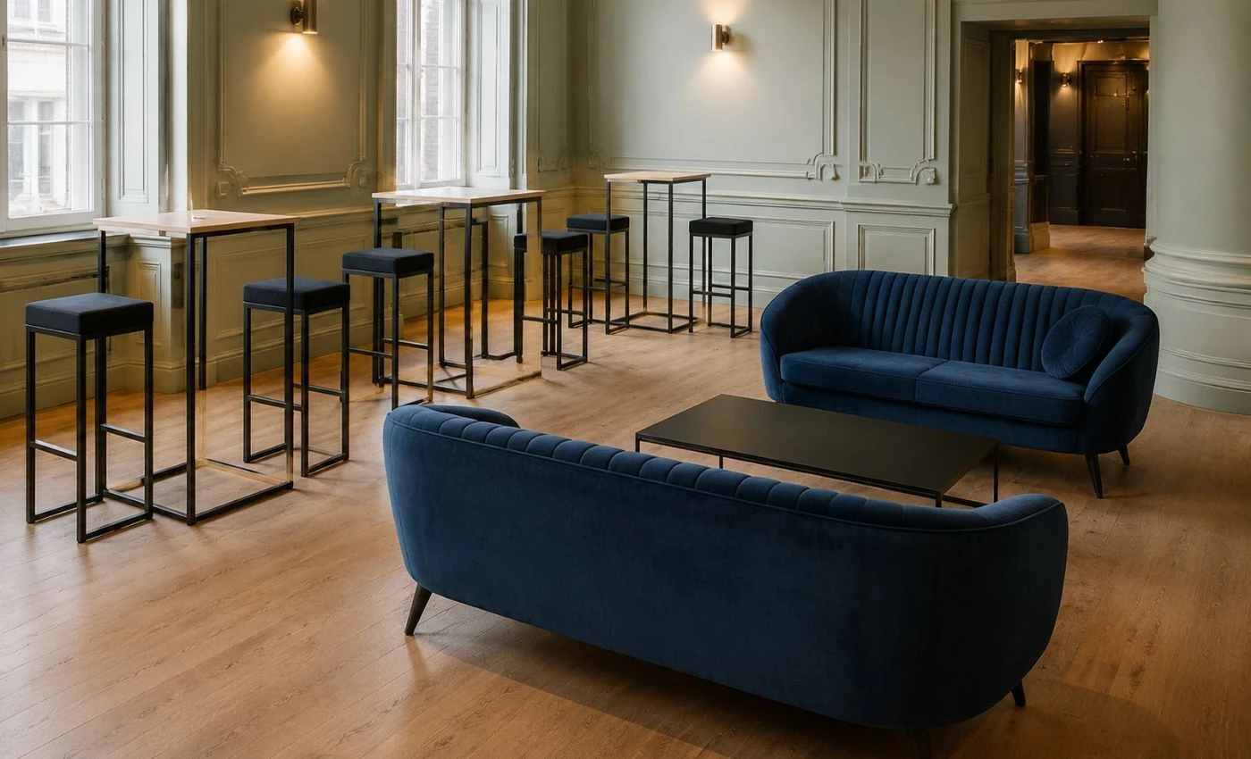 Corporate networking space arranged with pod tables, stools and lounge furniture