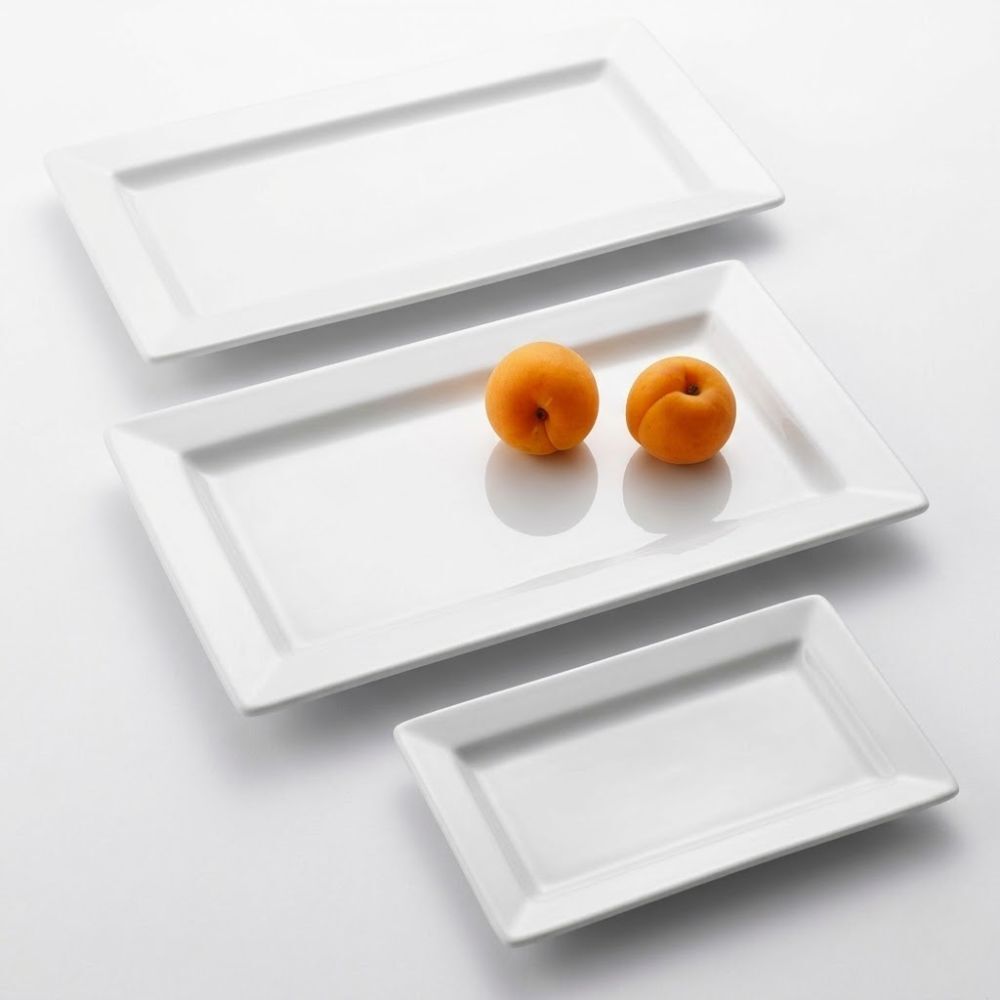 White rectangular plates for event hire