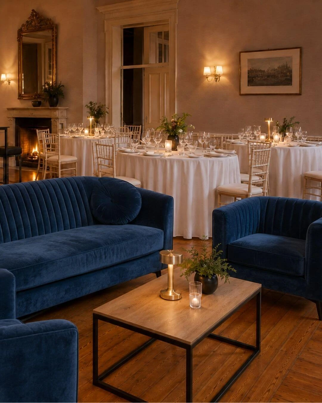 Warm indoor Autumn event setting with CaterHire furniture and tableware
