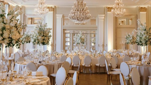 Event room arranged with tables and seating