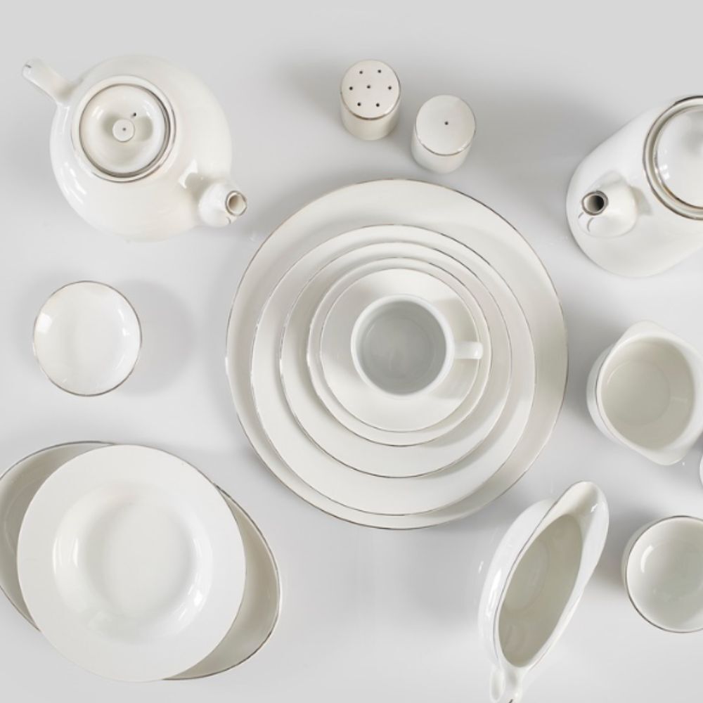 Silver rim crockery table setting for hire
