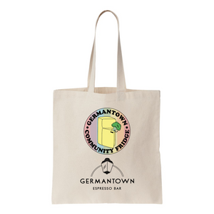 Tote with Germantown Community Fridge logo and Germantown Espresso Bar logo.